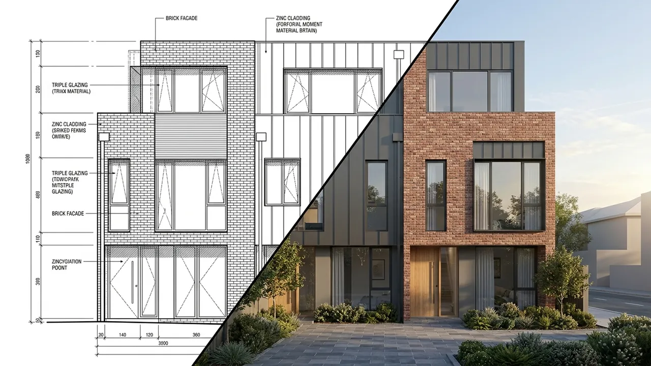Split view of CAD linework becoming a photorealistic townhouse render, generated with Style2AI