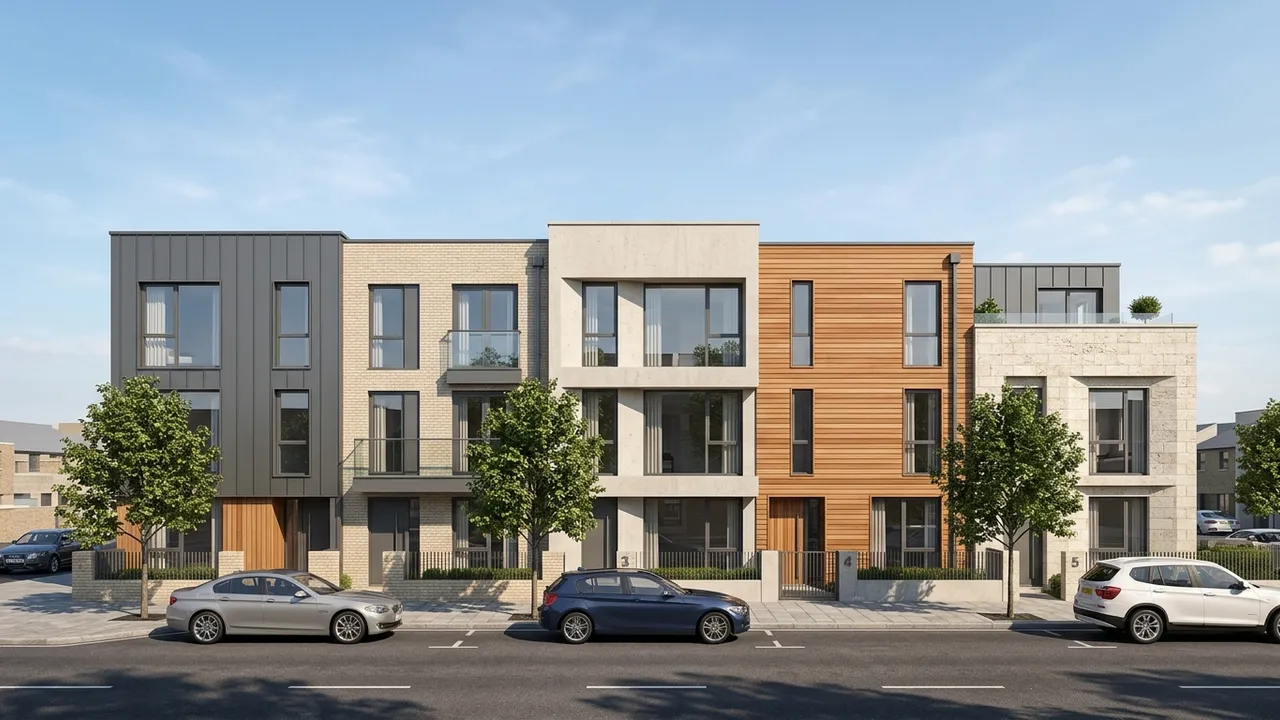 Photorealistic street elevation of modern townhouses rendered from CAD linework, generated with Style2AI