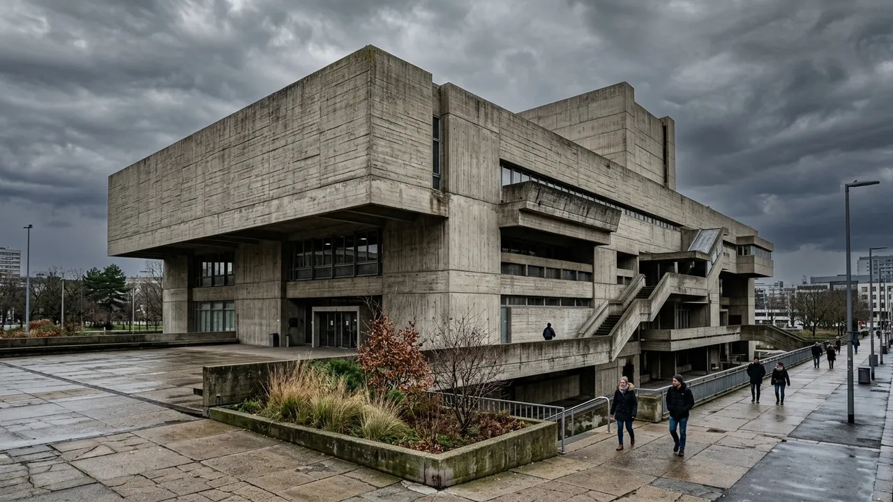 Brutalist exposed concrete civic building with board-marked monolithic volumes under an overcast sky, generated with Style2AI