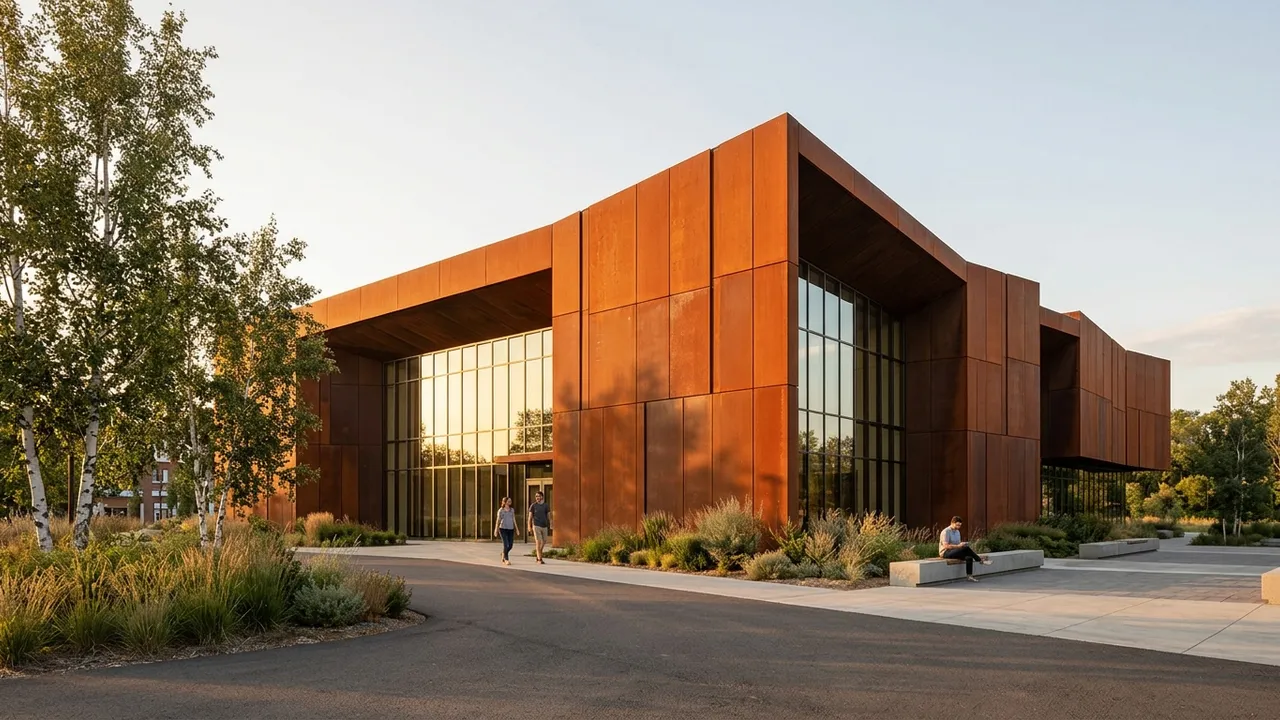 Photorealistic corten weathering steel facade on a cultural building at golden hour, generated with Style2AI