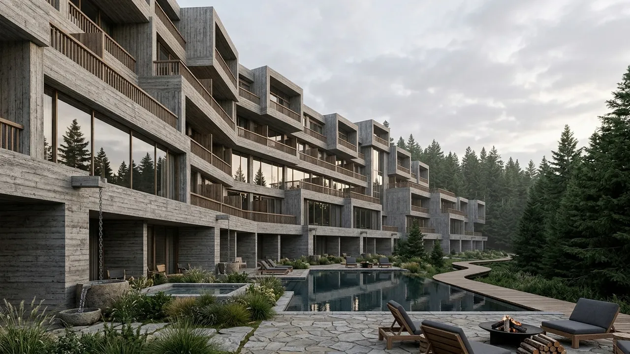 Terraced board-formed concrete residences with visible timber grain imprint, generated with Style2AI