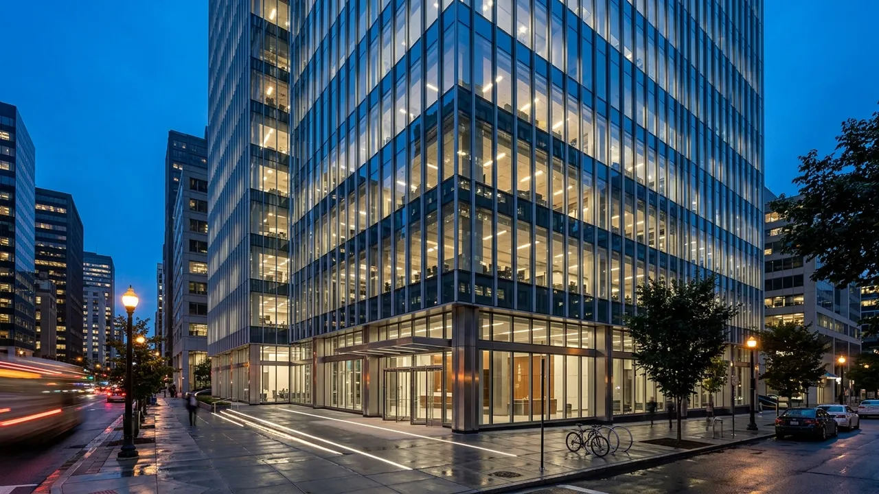 High-tech glass and steel office tower facade at blue hour, generated with Style2AI