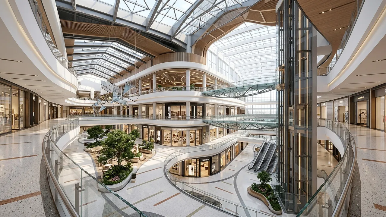 Grand hotel atrium interior visualization with curved balconies, generated with Style2AI