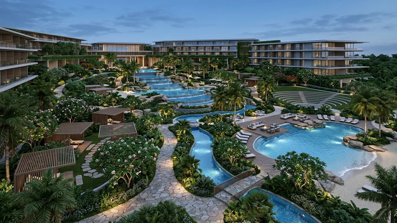 Aerial landscape architecture render of resort gardens and pools, generated with Style2AI