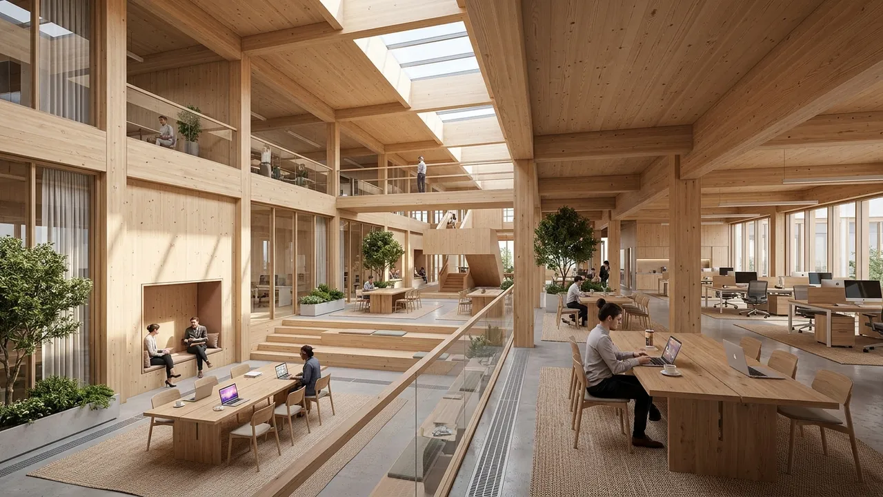 Mass timber CLT office atrium interior with exposed glulam structure, generated with Style2AI