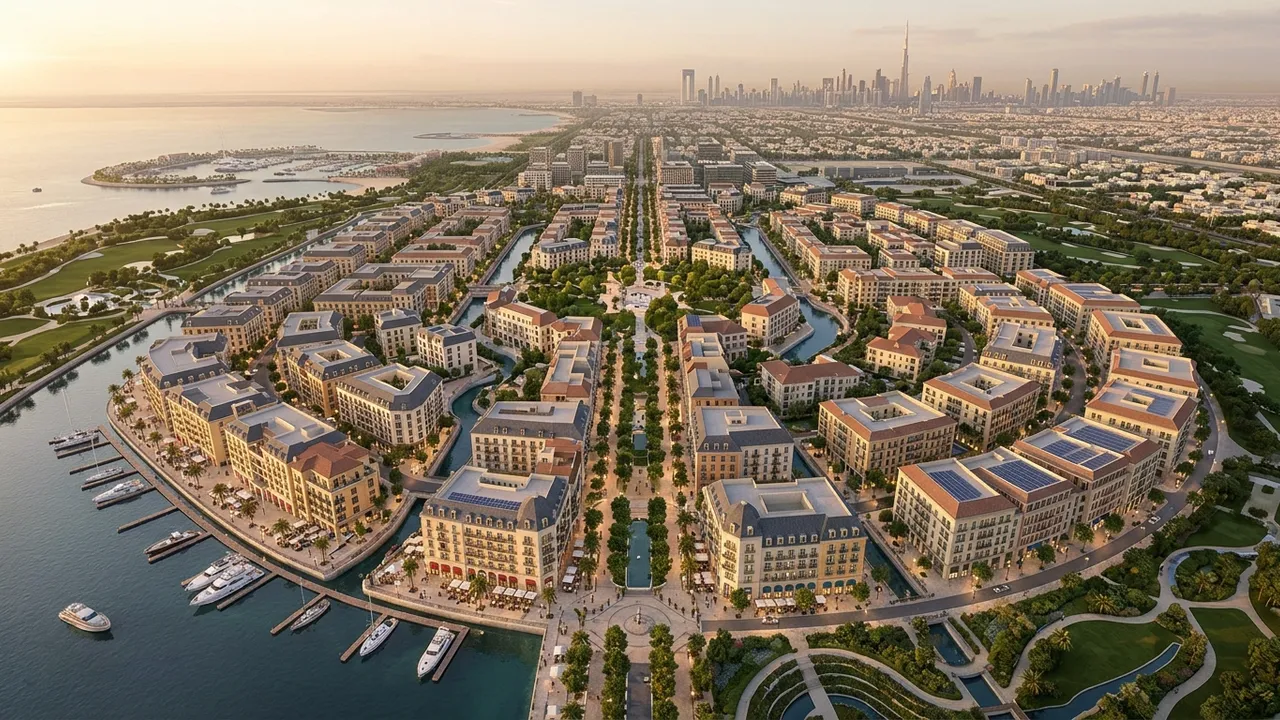 Aerial masterplan visualization of a waterfront mixed-use community, generated with Style2AI