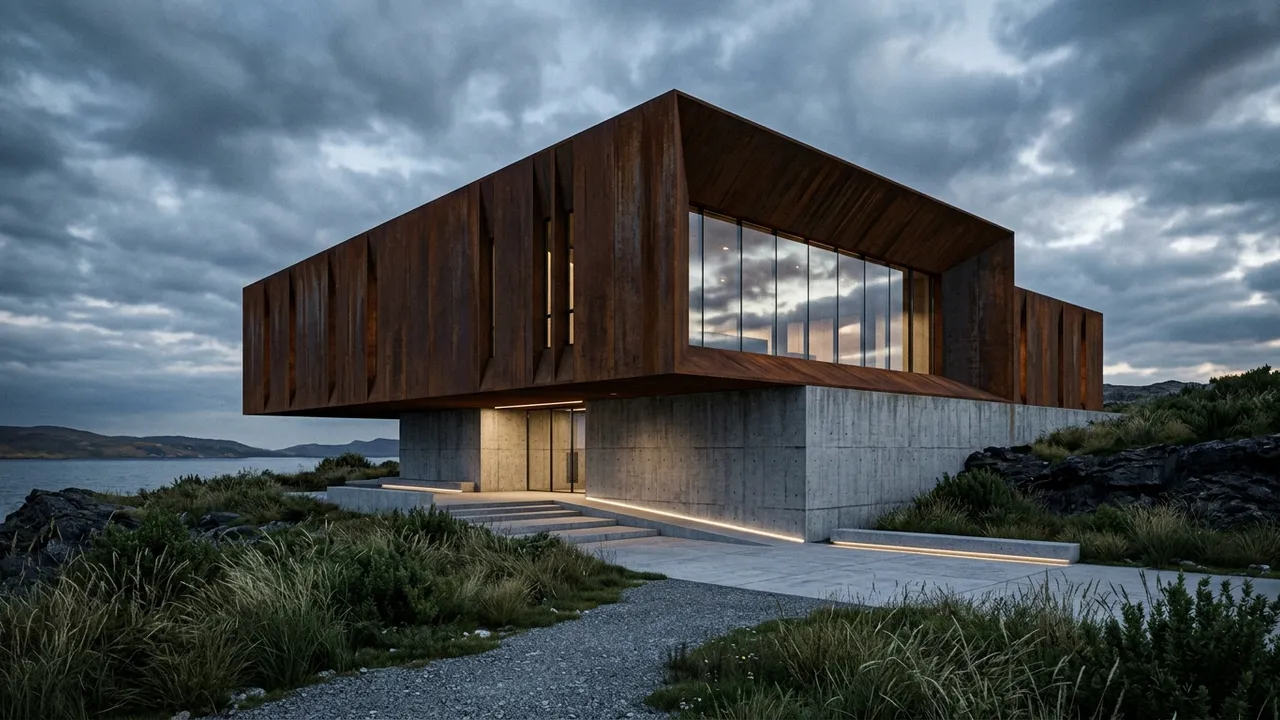 Bold cantilevered concept building render developed from a napkin sketch, generated with Style2AI