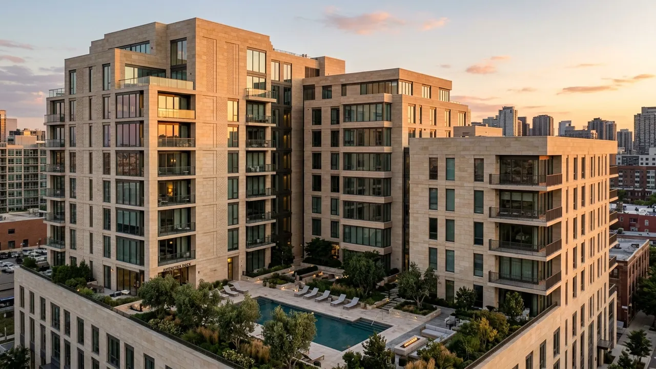 Natural limestone clad residential towers at sunset, generated with Style2AI