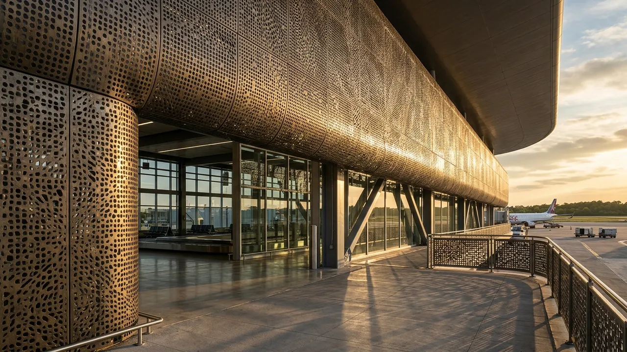 Perforated metal screen facade with moire shadow effects, generated with Style2AI