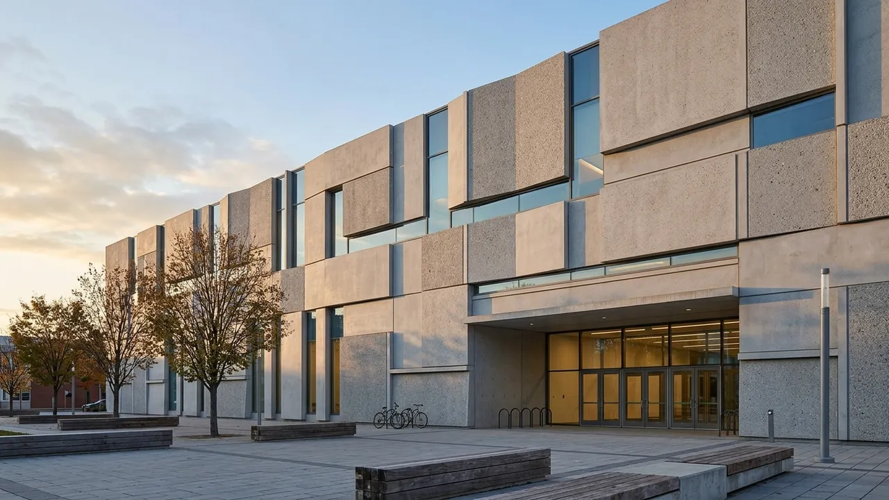 Precast concrete panel facade with crisp reveals on a civic building, generated with Style2AI