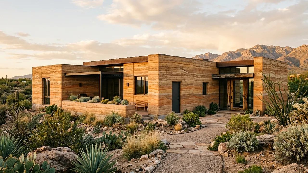 Rammed earth building with layered strata walls in a desert landscape, generated with Style2AI