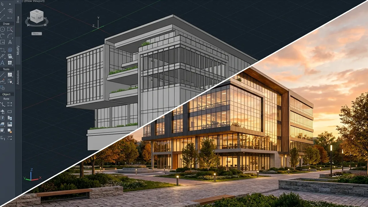 Split view of a BIM massing becoming a photorealistic exterior render, generated with Style2AI