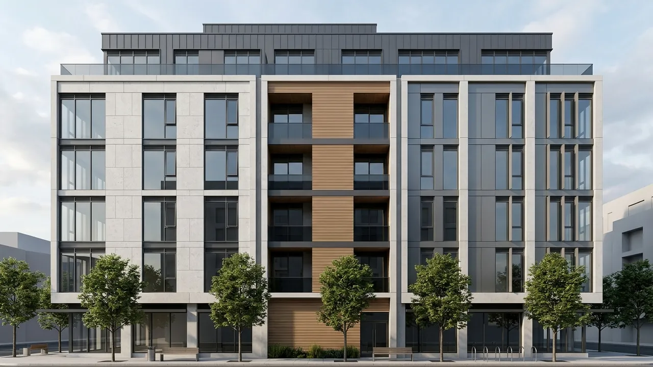 Photorealistic facade study render from a Revit elevation view, generated with Style2AI