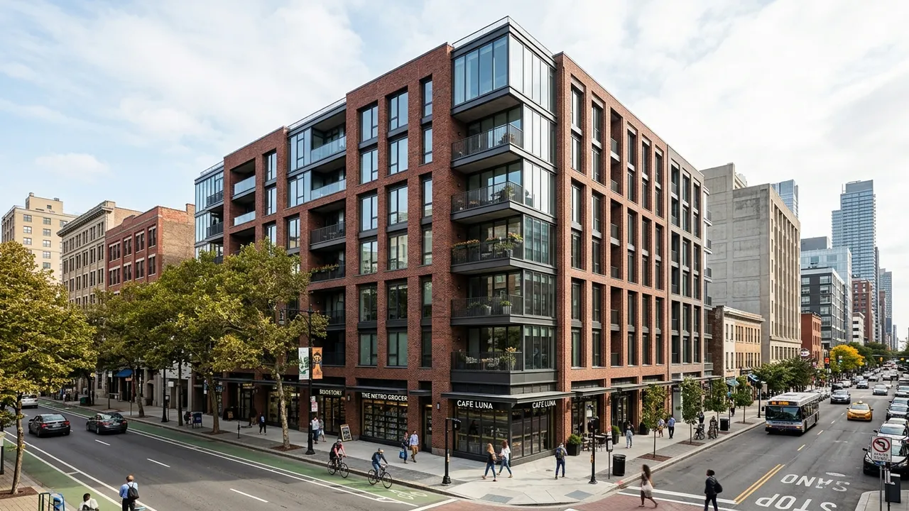 Photorealistic mid-rise mixed-use building render produced for an SD package, generated with Style2AI