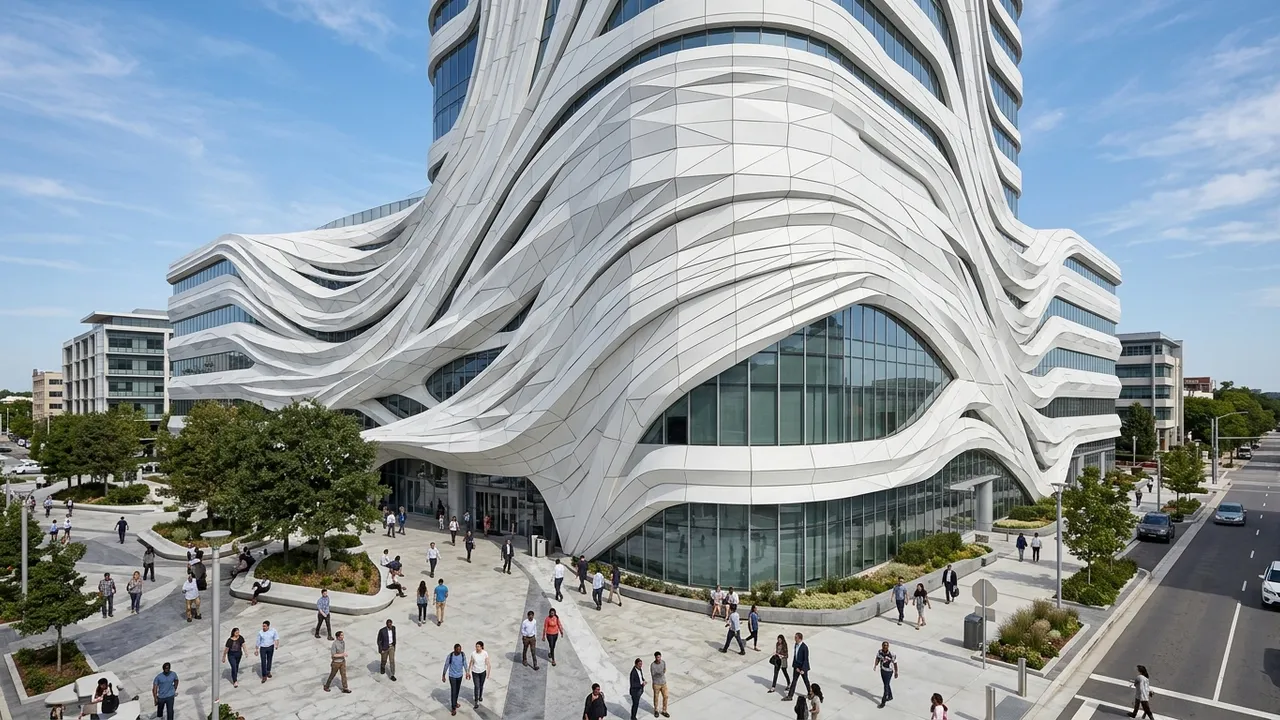 Parametric curved facade rendered photorealistically from a Rhino model, generated with Style2AI