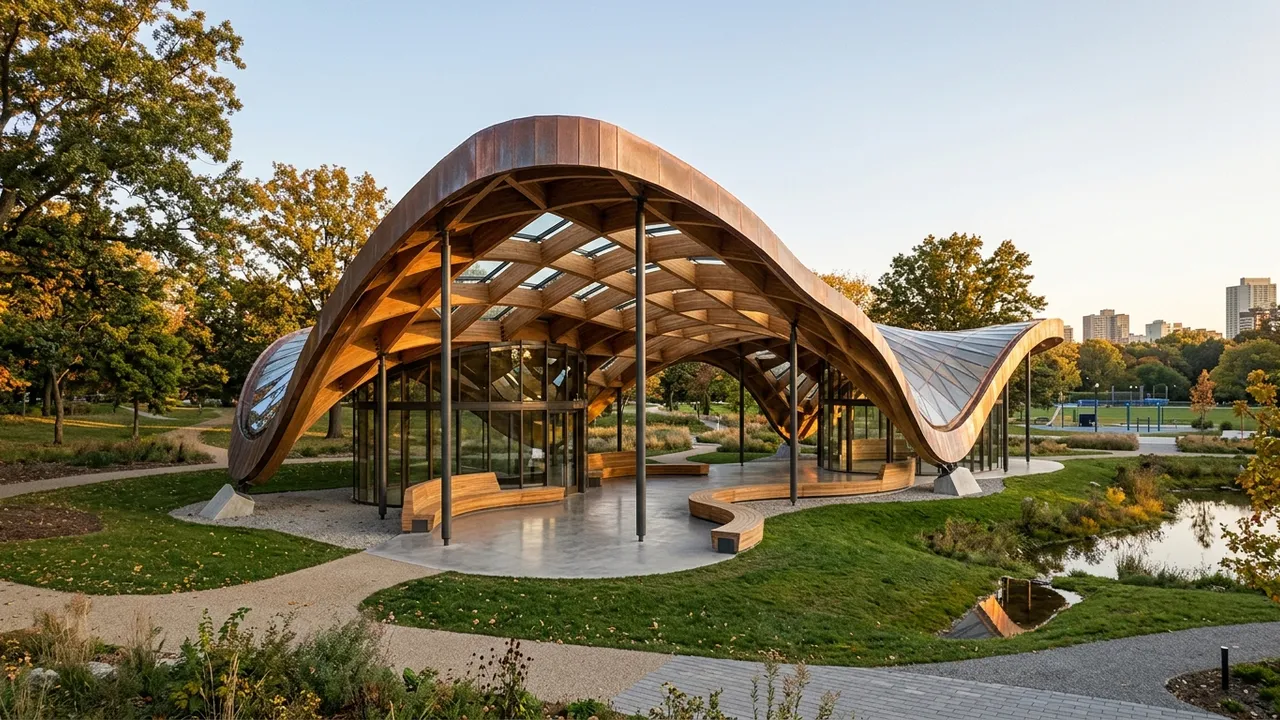 Sculptural timber gridshell pavilion rendered from a Rhino model, generated with Style2AI