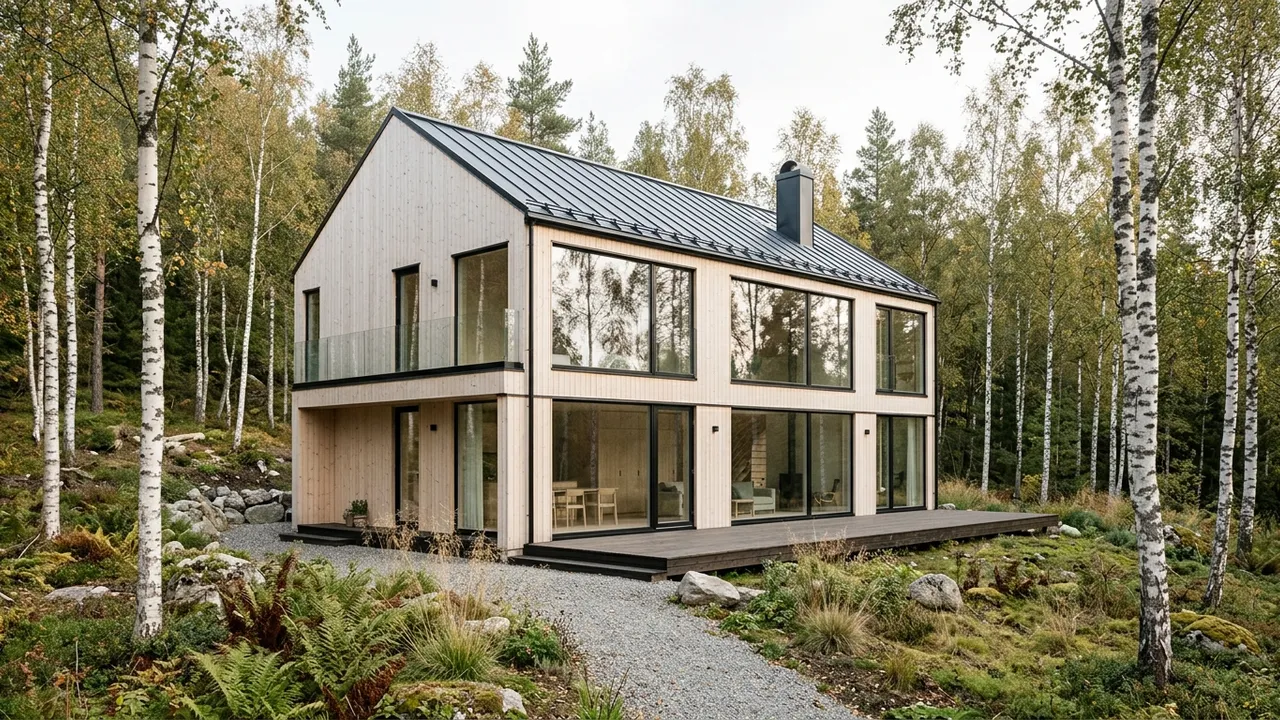 Scandinavian pale timber residential building among birch trees, generated with Style2AI