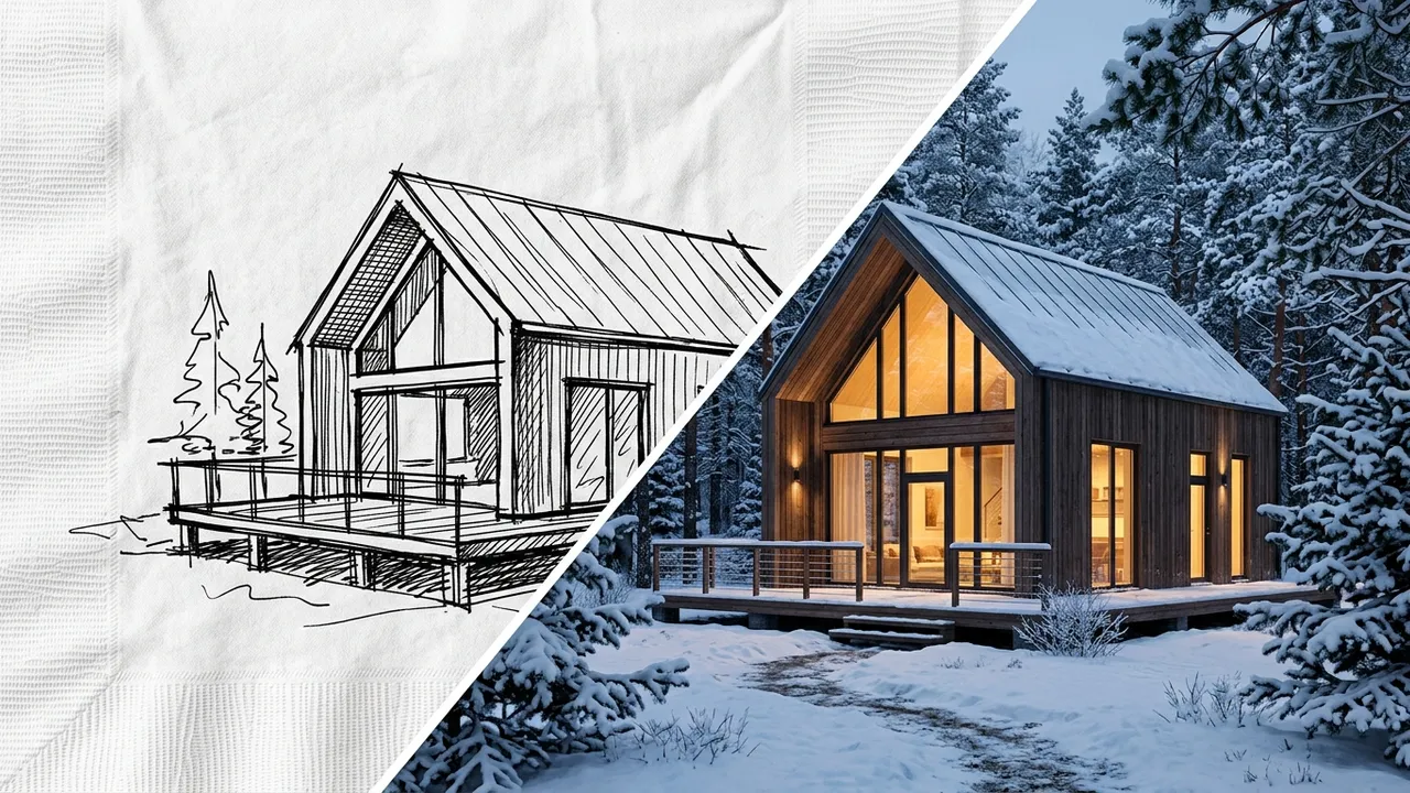 Split view of an ink napkin sketch becoming a photorealistic snowy cabin render, generated with Style2AI