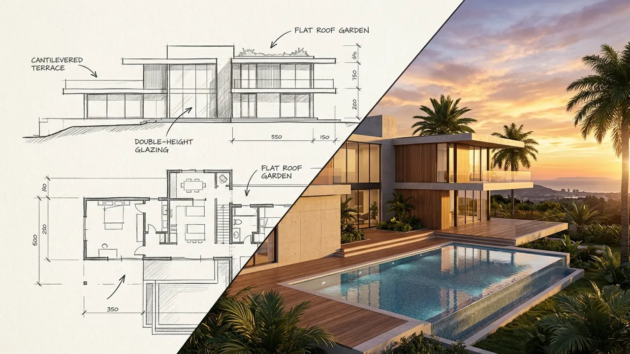 Split view of a hand sketch becoming a photorealistic villa render with pool, generated with Style2AI
