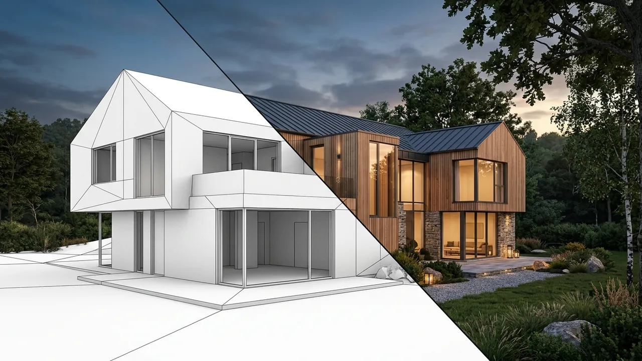 Split view of a white SketchUp massing becoming a photorealistic house render, generated with Style2AI
