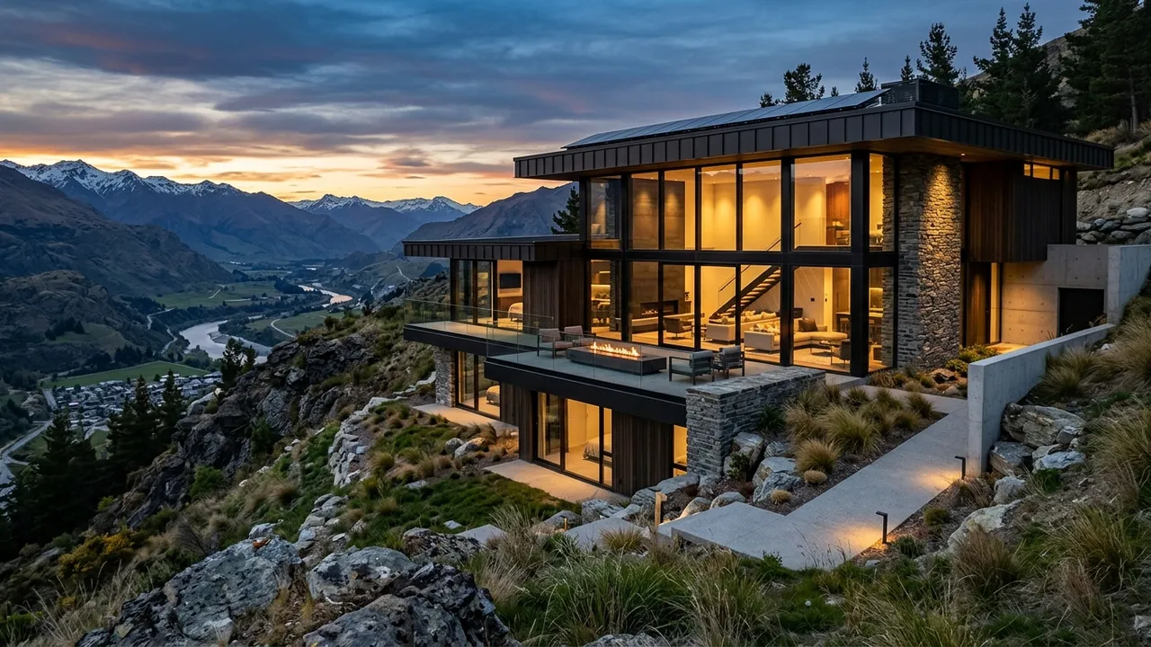 Photorealistic hillside house render from a SketchUp model at dusk, generated with Style2AI