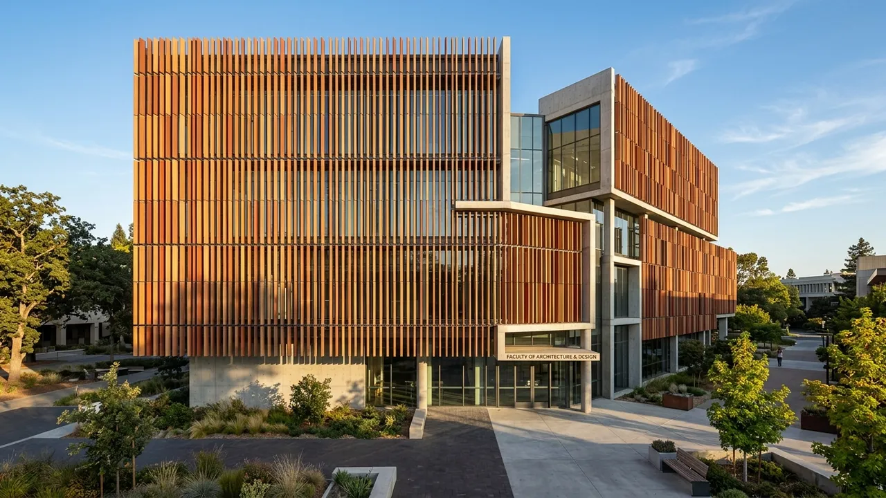 Terracotta baguette louver facade on a university building in afternoon sun, generated with Style2AI
