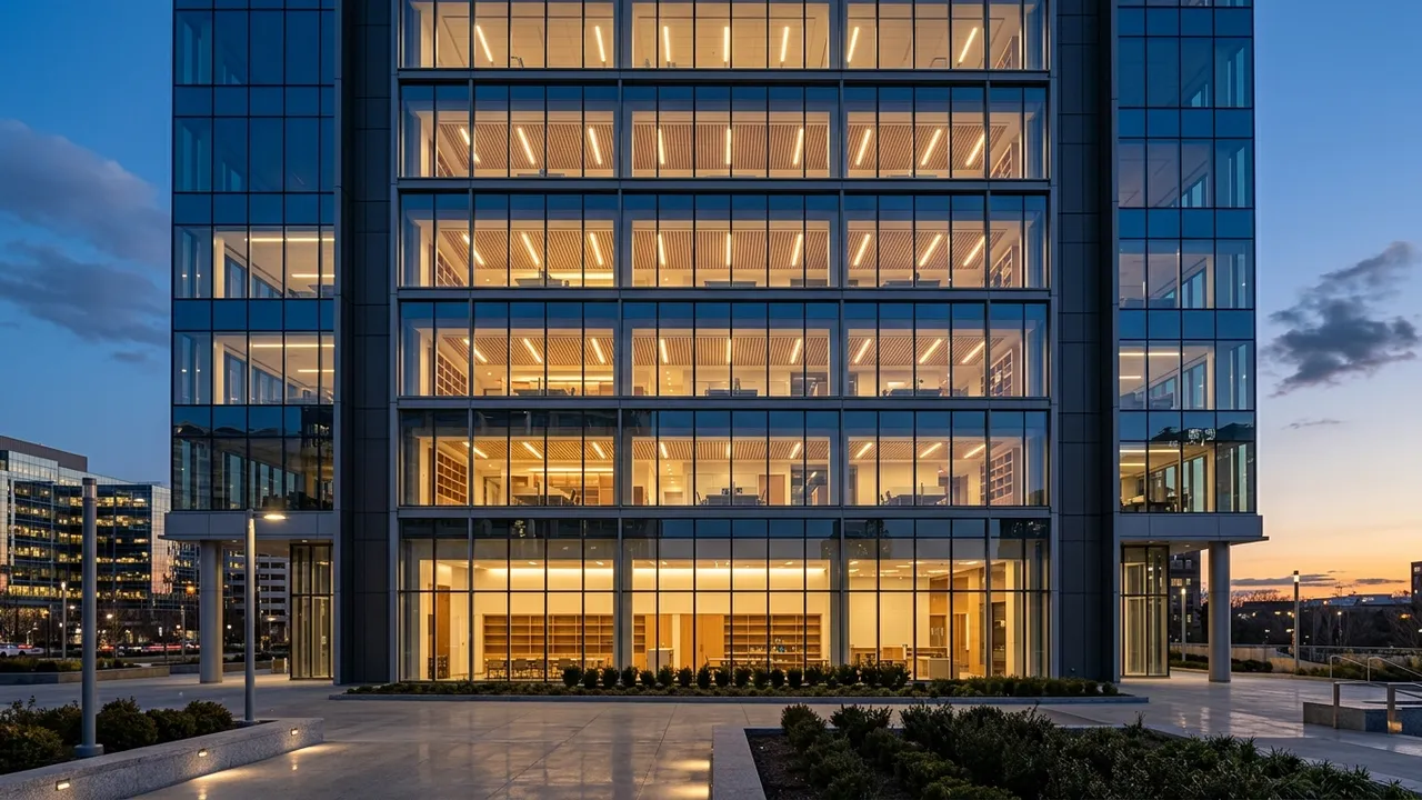 Unitized curtain wall glazing on a corporate headquarters at dusk, generated with Style2AI
