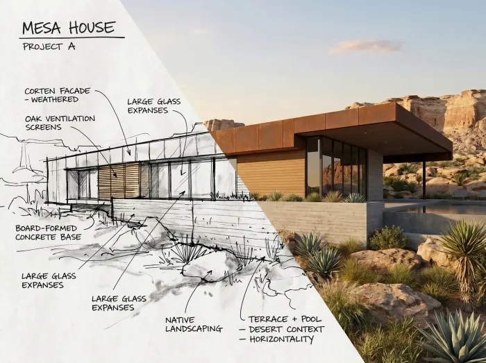 Split view of an annotated sketch becoming a photorealistic render, generated with Style2AI
